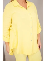 Dámský mušelínový komplet Plus Size s košilí zapínanou na knoflíky a kalhotami se širokými nohavicemi žlutý
