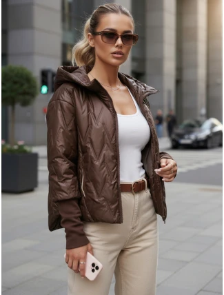 Dámská přechodná prošívaná bunda s kapucí hnědá FashionStreet TY5613