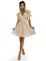 586-1 Dámské šaty s obálkovým výstřihem, rukávy a páskem - béžové