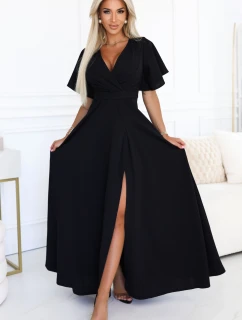 581-7 JENNIFER dlouhé šaty s rozparkem na nohou, rukávy a výstřihem - černé