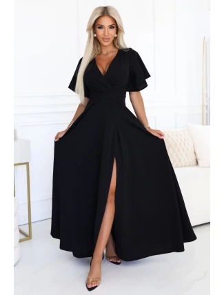 581-7 JENNIFER dlouhé šaty s rozparkem na nohou, rukávy a výstřihem - černé