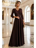 309-14 AMBER elegantní dlouhé krajkové šaty s výstřihem - čokoládové
