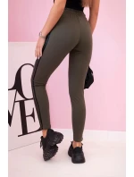 Dámské tepláky s lampasy a vázáním v pase khaki