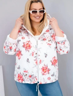 Dámská jarní prošívaná bunda Plus Size s kapucí a květinovým vzorem bílá