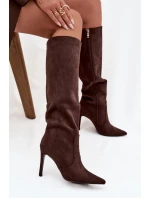 Zateplené dámské kozačky na jehlovém podpatku z eko semiše čokoládové Rosavine Zateplené dámské kozačky na jehlovém podpatku z eko semiše čokoládové Rosavine