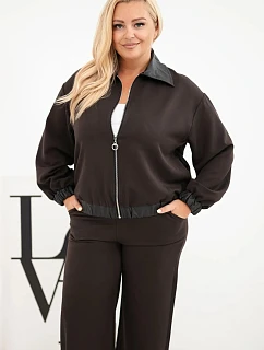Dámská sada Plus Size se zipovou mikinou a širokými kalhotami hnědý