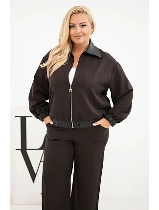 Dámská sada Plus Size se zipovou mikinou a širokými kalhotami hnědý Dámská sada Plus Size se zipovou mikinou a širokými kalhotami hnědý