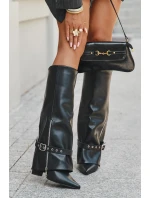 Dámské kozačky na klínku s ozdobným páskem eko kůže černé Jolivine