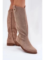 Dámské kozačky na nízkém podpatku s perforovaným vzorem S.Barski – béžové, eko kůže