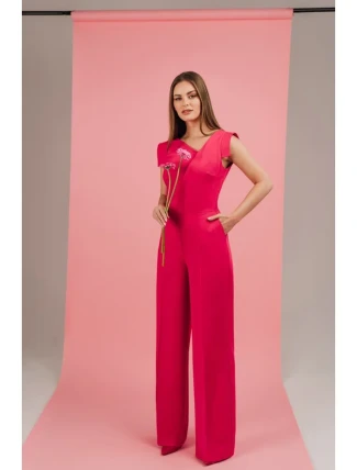 S407 Elegantní overal s asymetrickým výstřihem - růžový