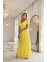 562-8 NASTIA Dlouhé šaty s výstřihem, kosticemi a krátkými rukávy - lemon limoncello