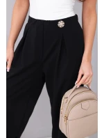 Dámské kalhoty z bavlny s vysokým pasem a ozdobným knoflíkem černé