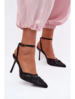 Dámské sandály na podpatku zdobené flitry a korálky Černé Nedira