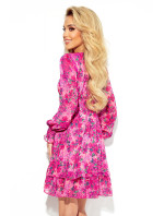 Šifonové šaty se zavazovaným výstřihem Numoco MONICA - růžové s květinovým vzorem