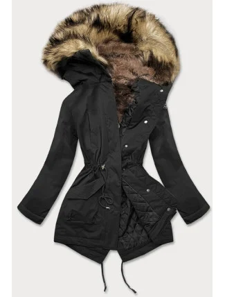 Černá dámská prošívaná zimní bunda s kožešinou (m-137)