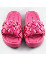 Dámské pantofle ve fuchsijové barvě se zapleteným páskem a řetízkem (AE120)