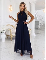 662-3 Elegantní maxi večerní šaty na ramínka s tylem a zavazováním v pase - tmavě modré