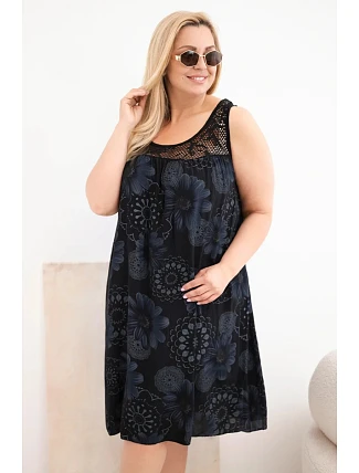 Dámské šaty Plus Size z viskózy s květinovým vzorem a krajkovým výstřihem černá