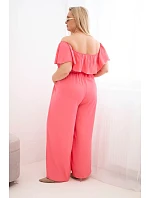 Dámský overal Plus Size s volánem a krátkým rukávem růžový