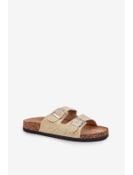 Materiálové pantofle na korkové podrážce s přezkami žluté Atera