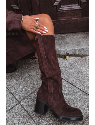 Dámské zimní kozačky na masivním podpatku čokoládové Sanelle