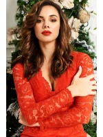 170-16 Krajkové šaty s dlouhými rukávy a výstřihem - ČERVENÉ