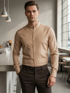 Pánská ležérní béžová košile SLIM FIT se stojáčkem FashionStreet DX2601