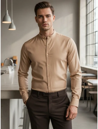 Pánská ležérní béžová košile SLIM FIT se stojáčkem FashionStreet DX2601