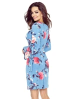 427-1 Šaty s rozšířenými vázanými rukávy - červené velké růže na tmavé džínovině