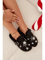 Dámské pantofle s ozdobami a sponou, zateplené kožíškem – černé Thalora
