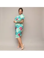 Zeleno-fuchsijové přeložené obálkové dámské květované šaty v délce ke kolenům (742) Zeleno-fuchsijové přeložené obálkové dámské květované šaty v délce ke kolenům (742)