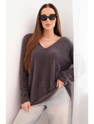 Dámský svetr hnědý z vlny s výstřihem do V hnědý