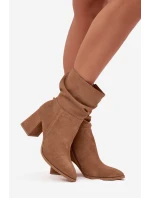 Dámské zateplené kotníkové boty z přírodního semiše na sloupkovém podpatku – béžové