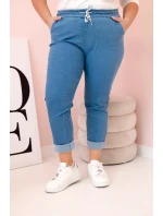 Dámské bavlněné kalhoty Plus Size s elastickým pasem a zavazováním světlý denim