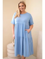Dámské bavlněné šaty Plus Size s krátkým rukávem a volánem džínová