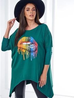 Oversize halenka s potiskem duhových rtů tmavě zelená