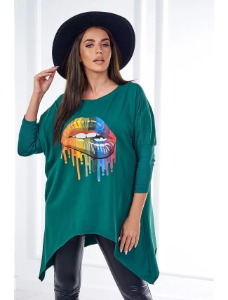 Oversize halenka s potiskem duhových rtů tmavě zelená