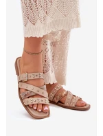 Ozdobené dámské sandály na plochém podpatku se pásky a sponou béžové Manitte