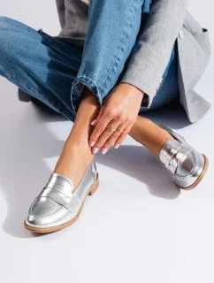 Trendy mokasíny stříbrné dámské bez podpatku