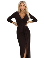 404-14 Elegantní dlouhé šaty s obálkovým výstřihem a rozparkem - čokoládově hnědé