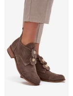 Semišové dámské polobotky s ozdobnými květinami Zazoo 3080 tmavě béžové