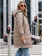 Dlouhá dámská prošívaná bunda s kapucí, béžová, FashionStreet TY5810 Dlouhá dámská prošívaná bunda s kapucí, béžová, FashionStreet TY5810