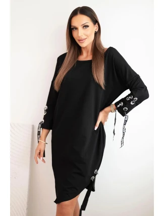 Dámská asymetrická šaty s ozdobnými páskami a rukávem 3/4 modrá Dámská asymetrická šaty s ozdobnými páskami a rukávem 3/4 modrá