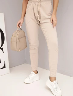 Dámské tepláky s elastickým pasem a šňůrkou béžové