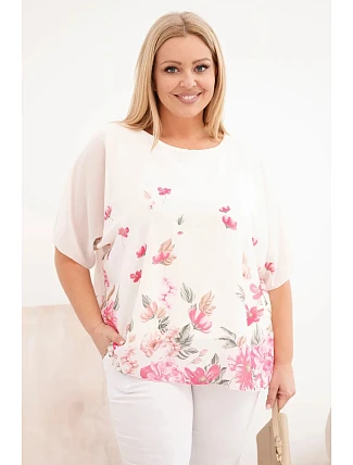 Dámská halenka Plus Size s krátkým rukávem a květinovým potiskem růžová Dámská halenka Plus Size s krátkým rukávem a květinovým potiskem růžová