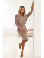 399-4 LARA Pruhované šaty s žebrovanými manžetami - moka pěna 399-4 LARA Pruhované šaty s žebrovanými manžetami - moka pěna