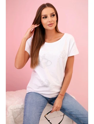 Dámská blůza s krátkým rukávem a zirkony bílá