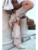 Vlněné kozačky na jehlovém podpatku z eko semiše zateplené béžové Mavella