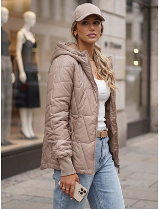 Dámská prošívaná přechodová bunda s kapucí, béžová, FashionStreet TY5783 Dámská prošívaná přechodová bunda s kapucí, béžová, FashionStreet TY5783