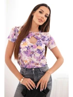 Dámská viskózová žebrovaná halenka s květinovým potiskem fialová